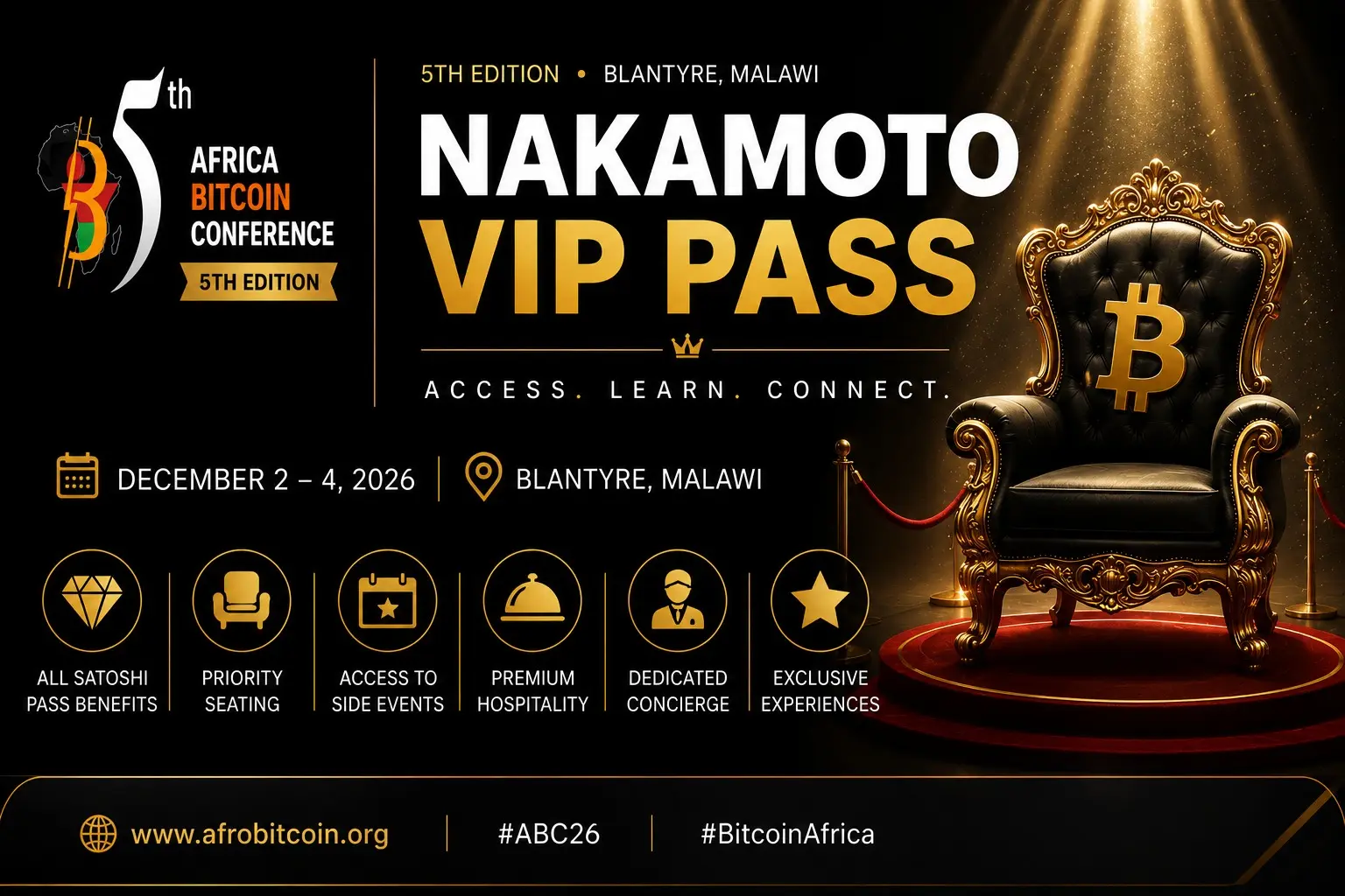 Nakamoto VIP Pass for the Africa Bitcoin Conference in Blantyre, Malawi, 2–4 December 2026
